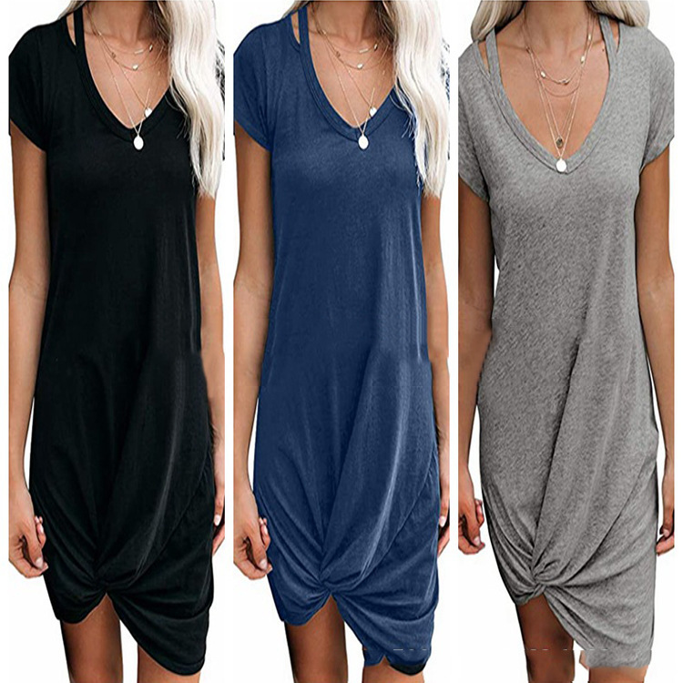 Women's V-Neck Short Sleeve Knotted T-Shirt Dress Solid Color Asymmetrical Hem