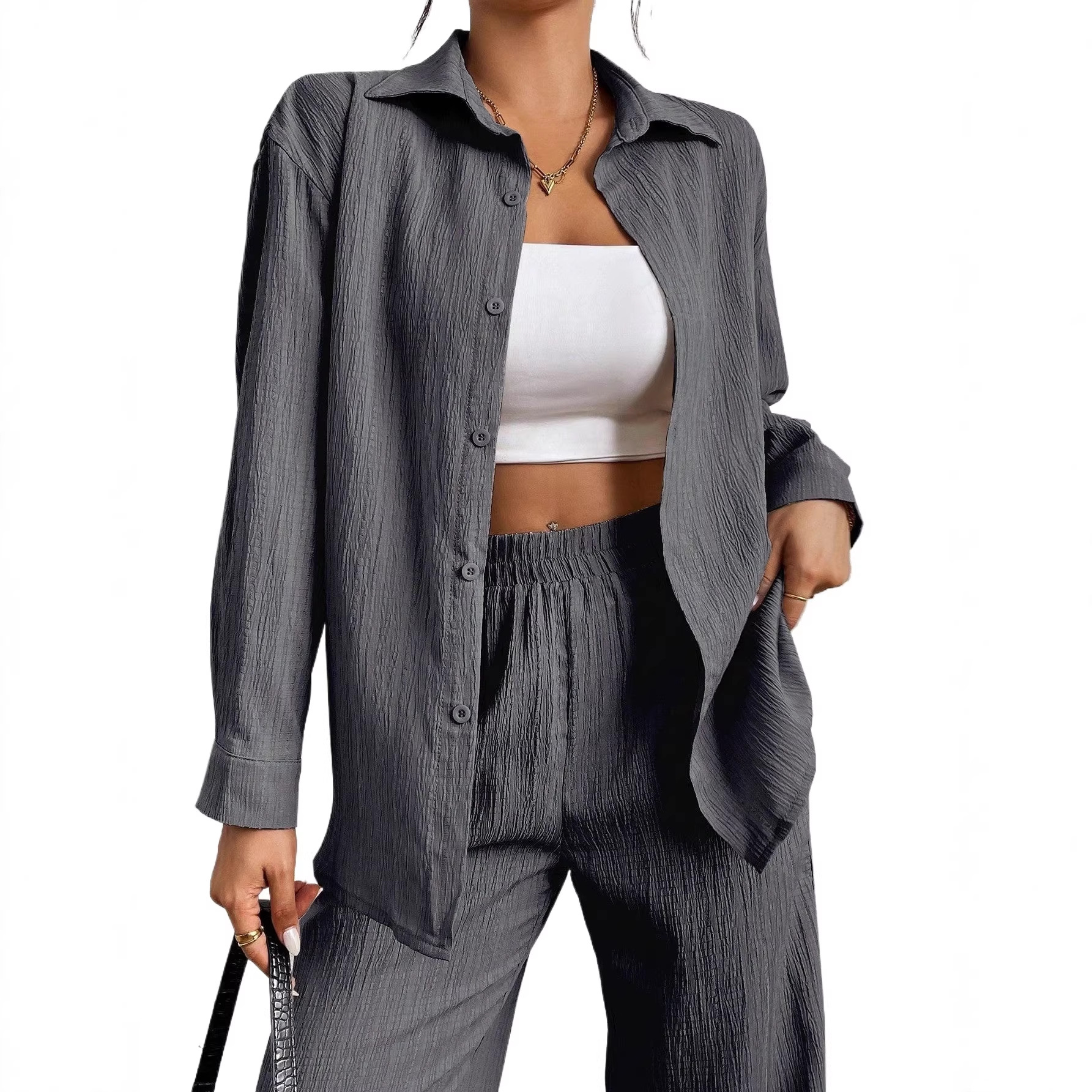 Women's Solid Color Elastic Waist Wide-Leg Pants with Pockets and Shirt Two-Piece Set