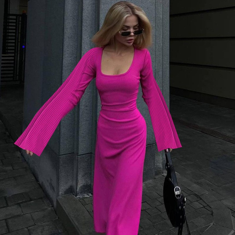 Women's Loose Fit High Waist Ribbed Long Sleeve Dress with Back Tie and Flared Sleeves