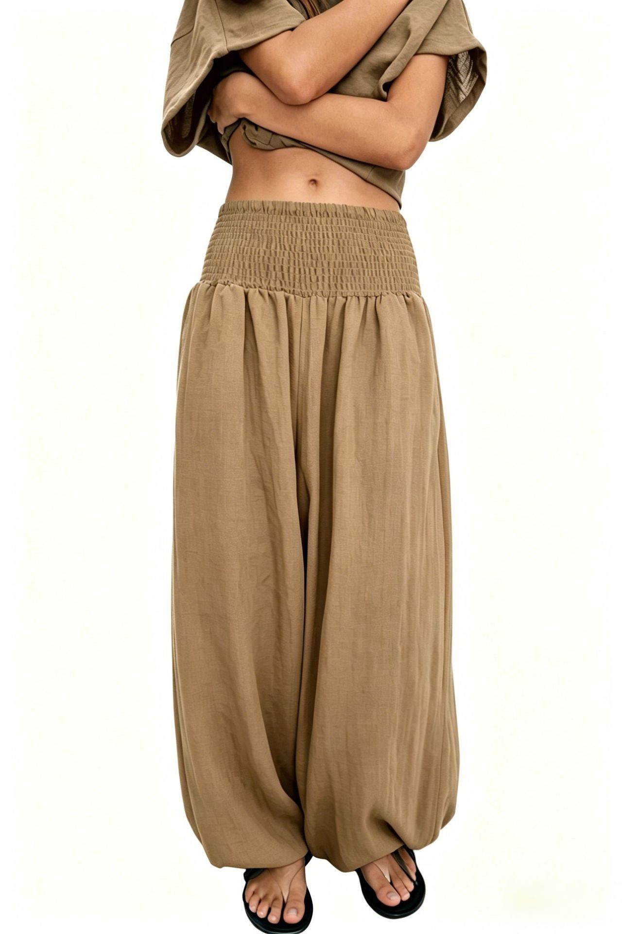 2026 Amazon New Hot-Seller Cross-Border Women's High-Waist Smocked Solid Color Cotton-Linen Fashion Casual Lantern Pants Wide-Leg Women