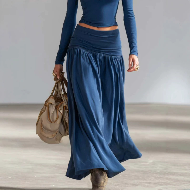 Elegant Deep Blue Zip-Front Top and Low-Waist Skirt Set
