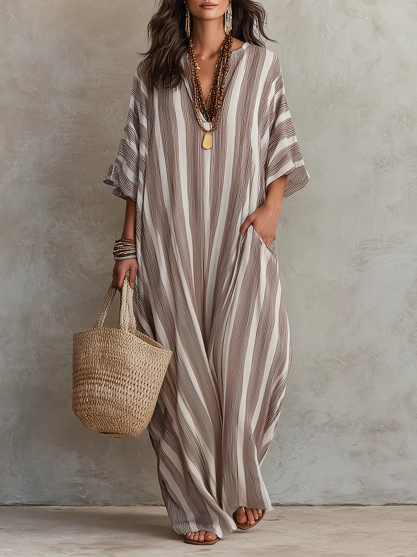 Striped Print A-Line Maxi Dress with Pockets
