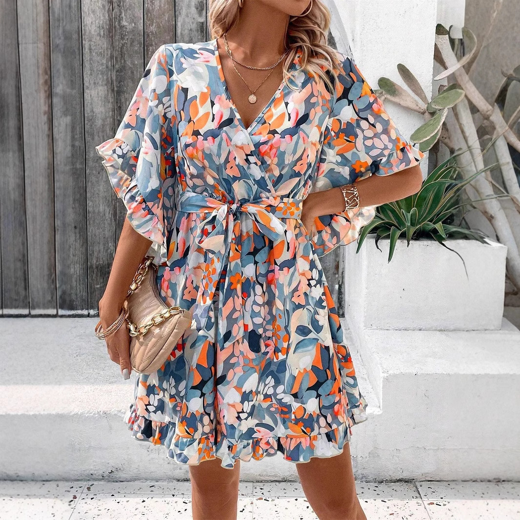 Floral Print Short Sleeve A-Line Midi Dress