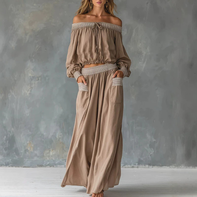 Elegant Striped-Trim Off-Shoulder Khaki Top and Skirt Set