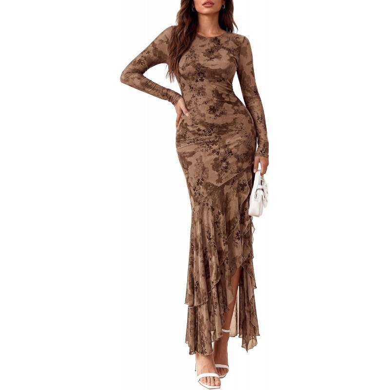 Slim-Fit Long-Sleeve Crewneck High-Waist Maxi Dress with Side Slit and Asymmetric Hem