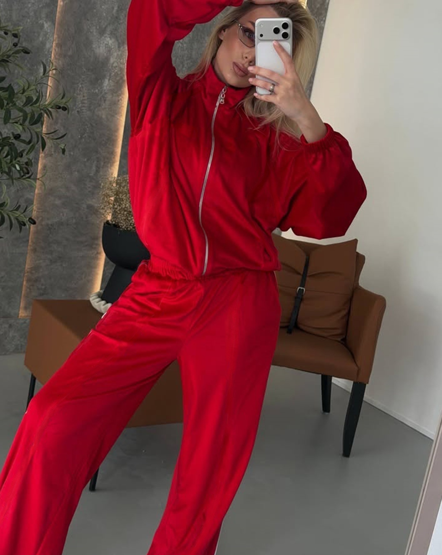 Velvet Two-Piece Set: Zip Cardigan & Wide-Leg Pants