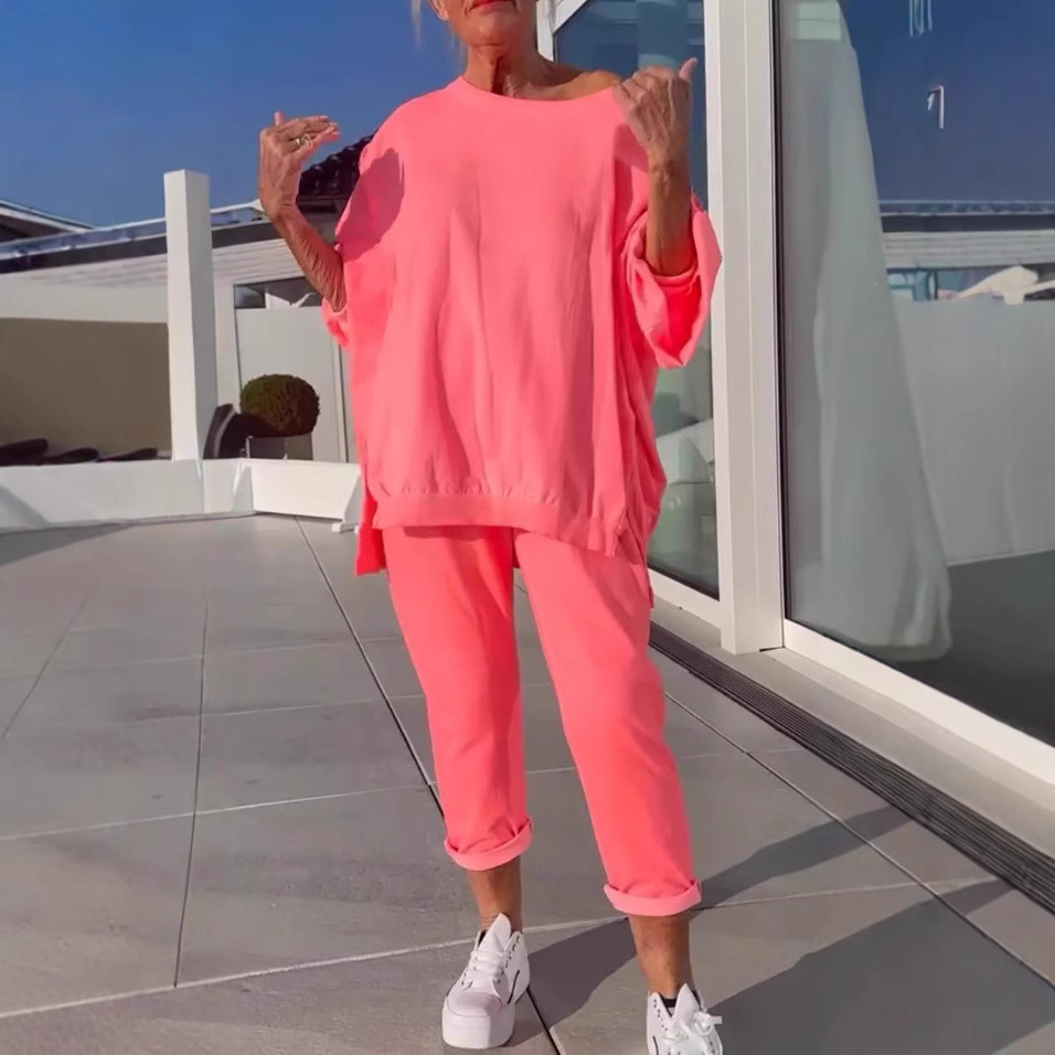 Women's Casual Solid Color Crew Neck Long Sleeve Top and Pants Set