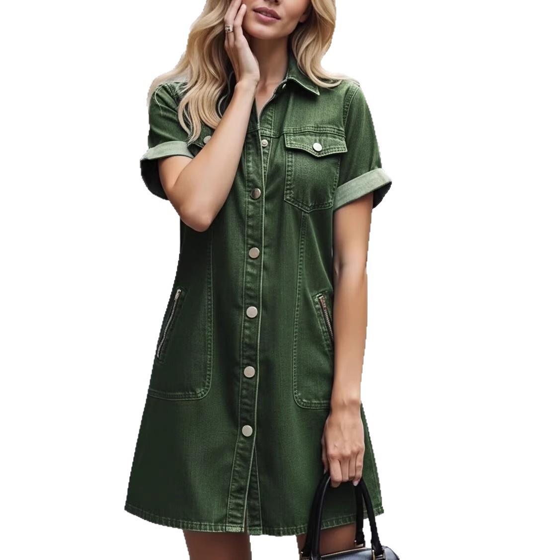 Women's Denim Midi A-Line Dress Short Sleeve Button-Front Shirt Collar