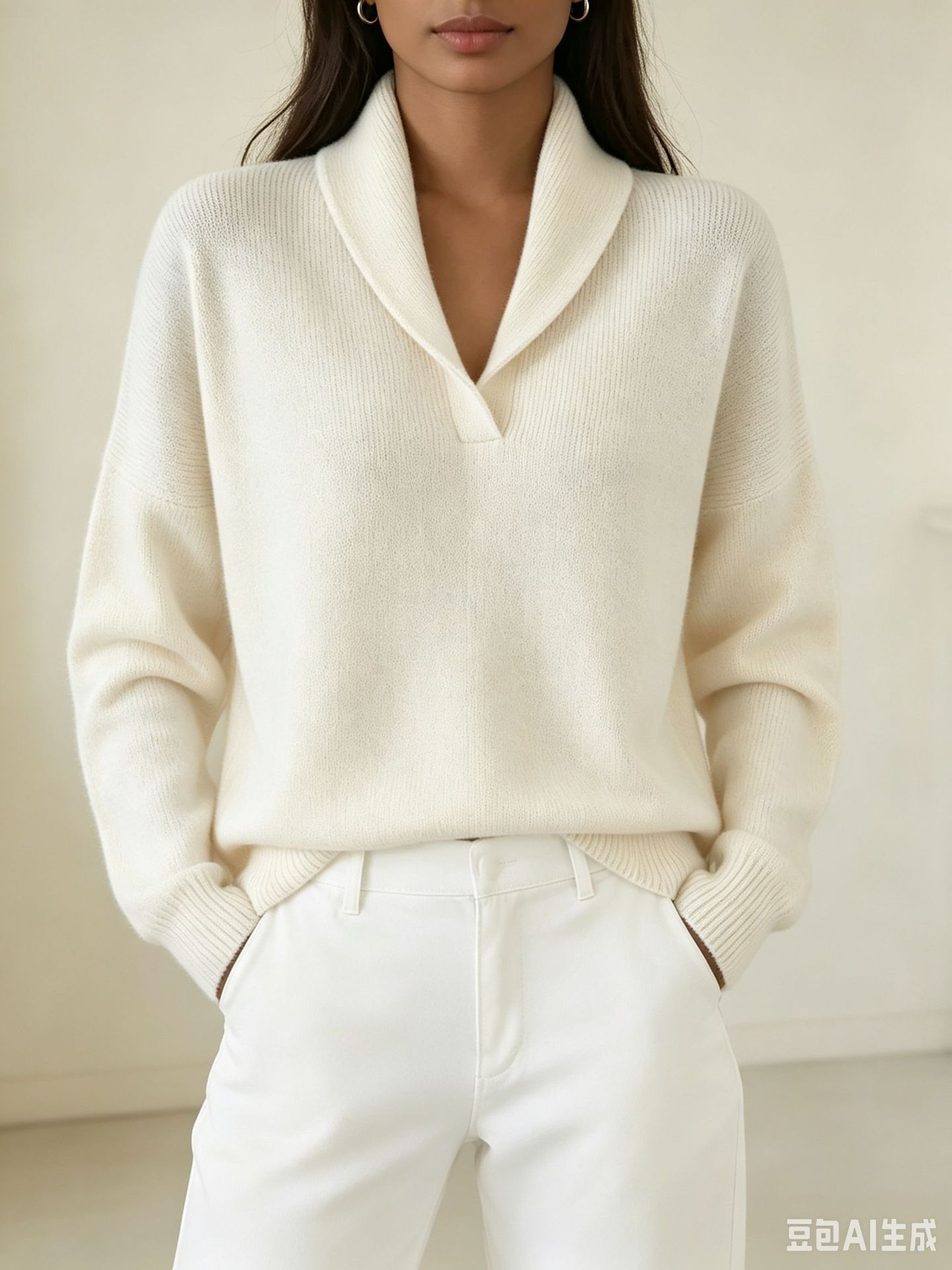 V-Neck Long Sleeve Solid Color Loose Knit Pullover Top