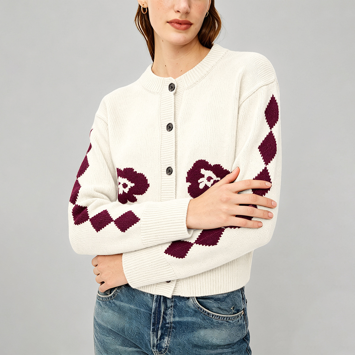 Women's Vintage Jacquard Knit Cardigan Button-Up Cropped Sweater Coat