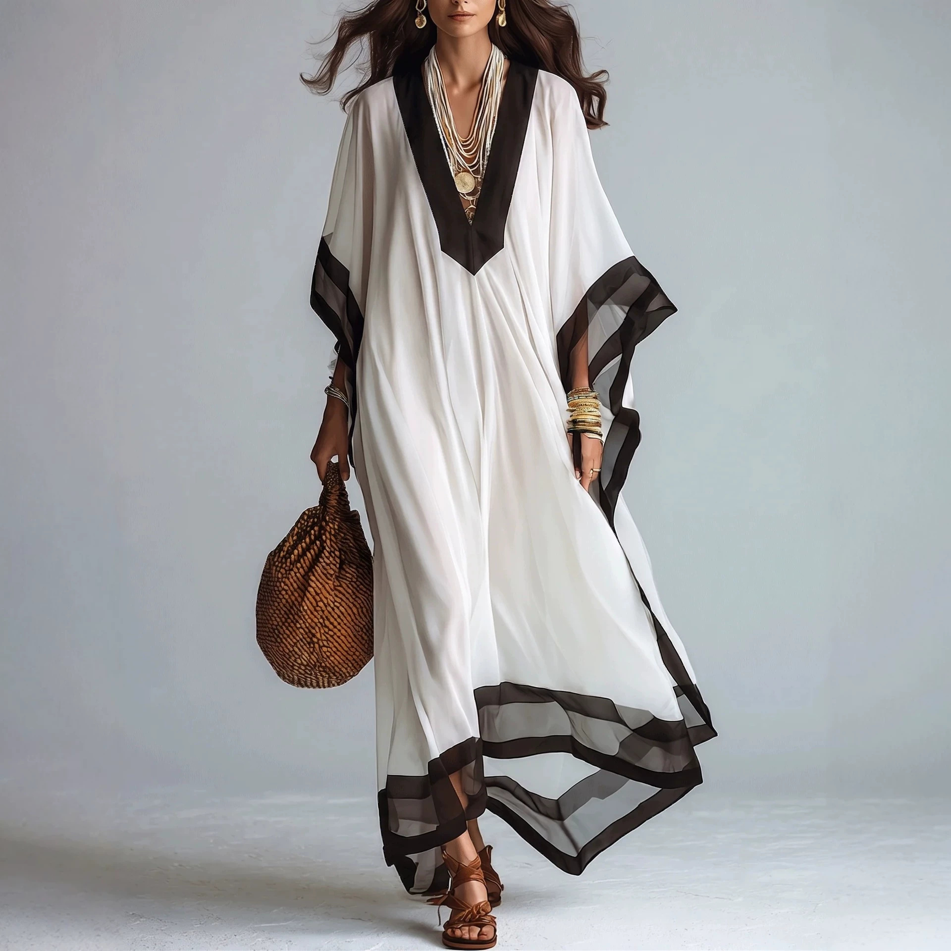 French Black and White Colorblock V-Neck Batwing Sleeve Maxi Dress