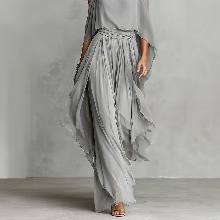 Gray Chiffon Off-Shoulder Cami & Wide-Leg Pants Set