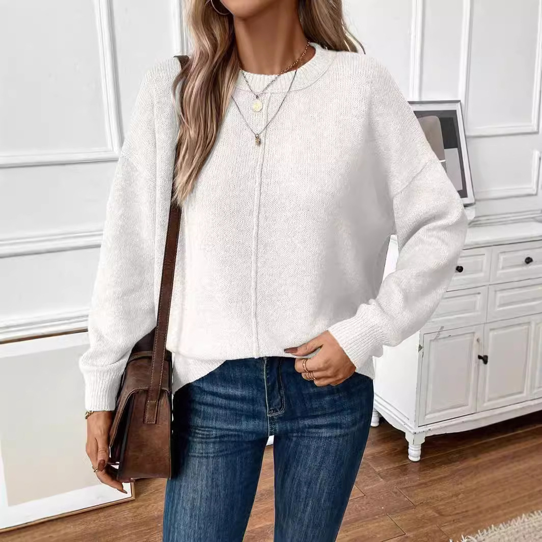 Women's Solid Color Crewneck Pullover Knit Sweater Casual Long Sleeve