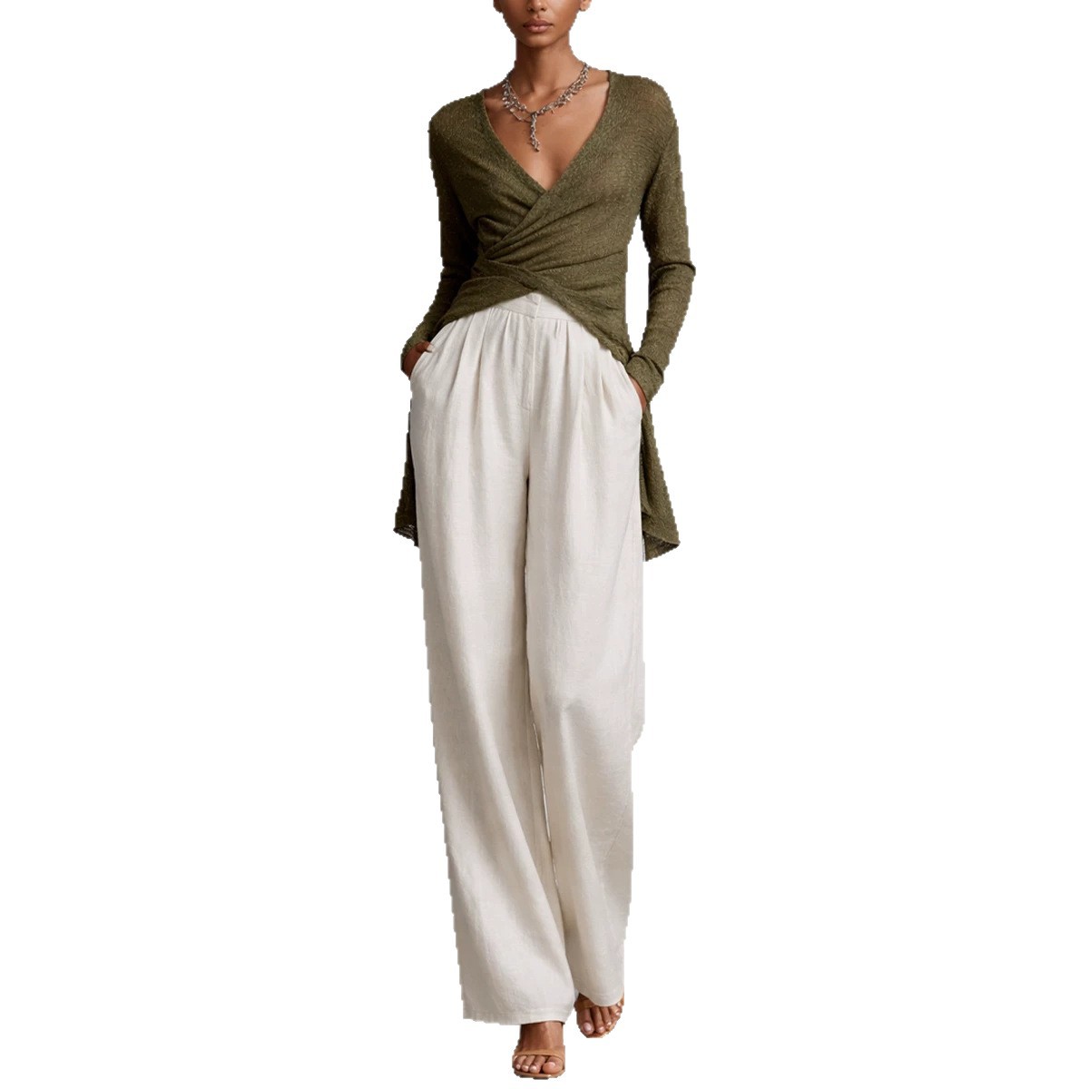 Women's Long Sleeve V-Neck Cross Waist Top and Pants Set