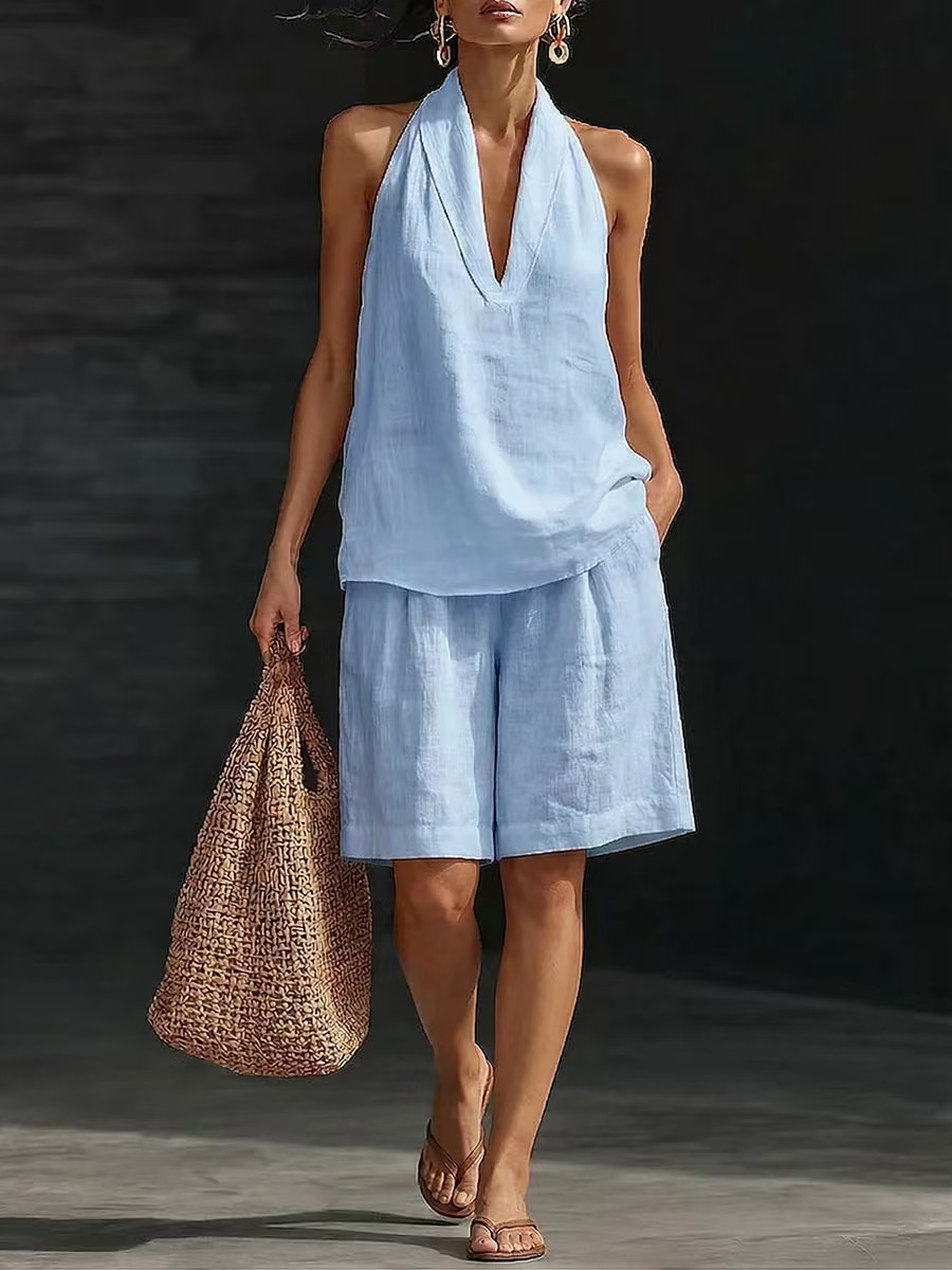 Women's Summer Halter Vest Set with Solid Color Print