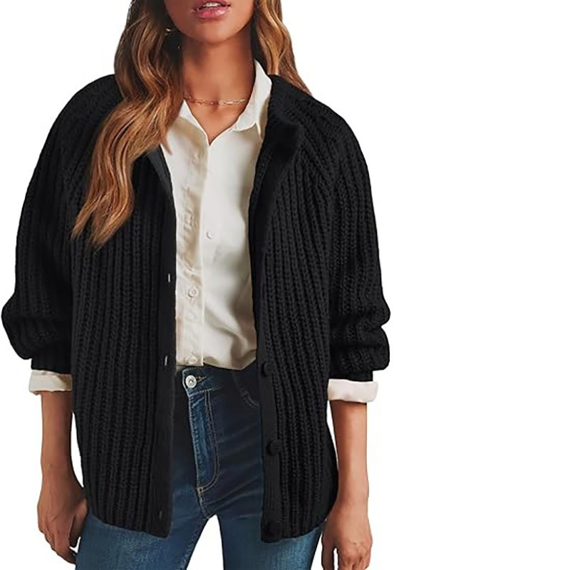 Women's Solid Color Button-Front Knit Cardigan Sweater Long Sleeve Crew Neck