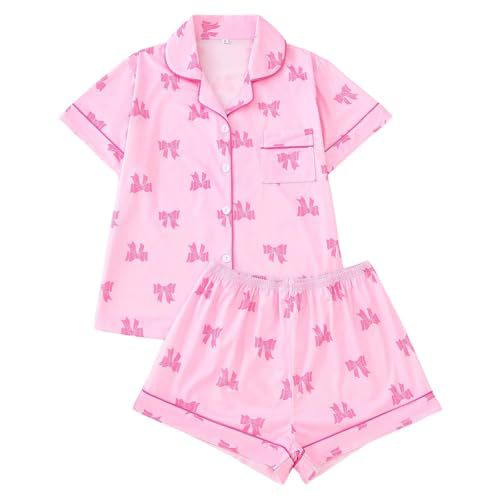 Women's Cuban Collar Short Sleeve Shirt Set with Ribbon Bow