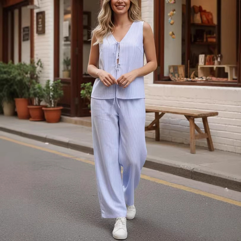 Striped Tie-Front Top & Wide-Leg Pants Two-Piece Set