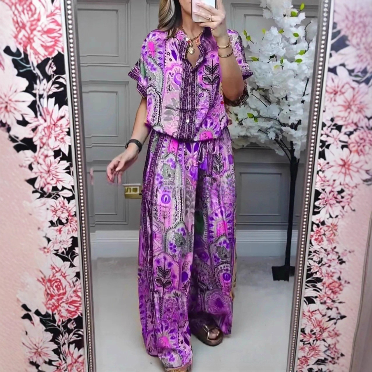 Women's Casual Print Button-Front Cardigan Top & Wide-Leg Pants Two-Piece Set