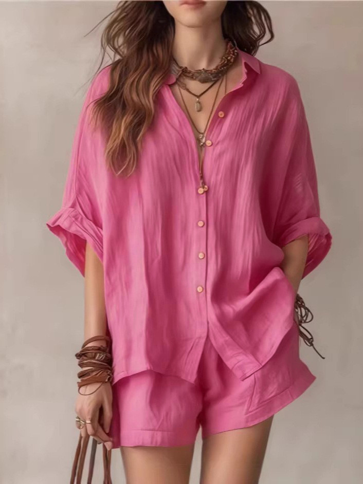 Women's Solid Color Loose Button-Front Shirt and Shorts Casual Set