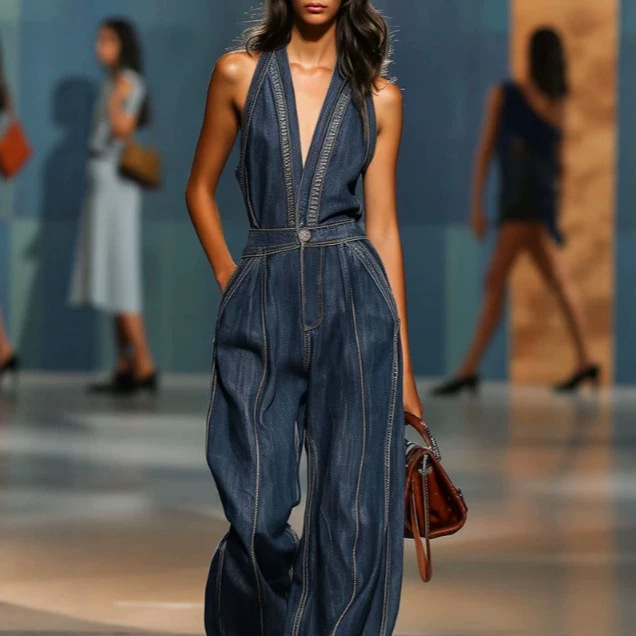 V-Neck Sleeveless Wide-Leg Denim Jumpsuit Retro Casual