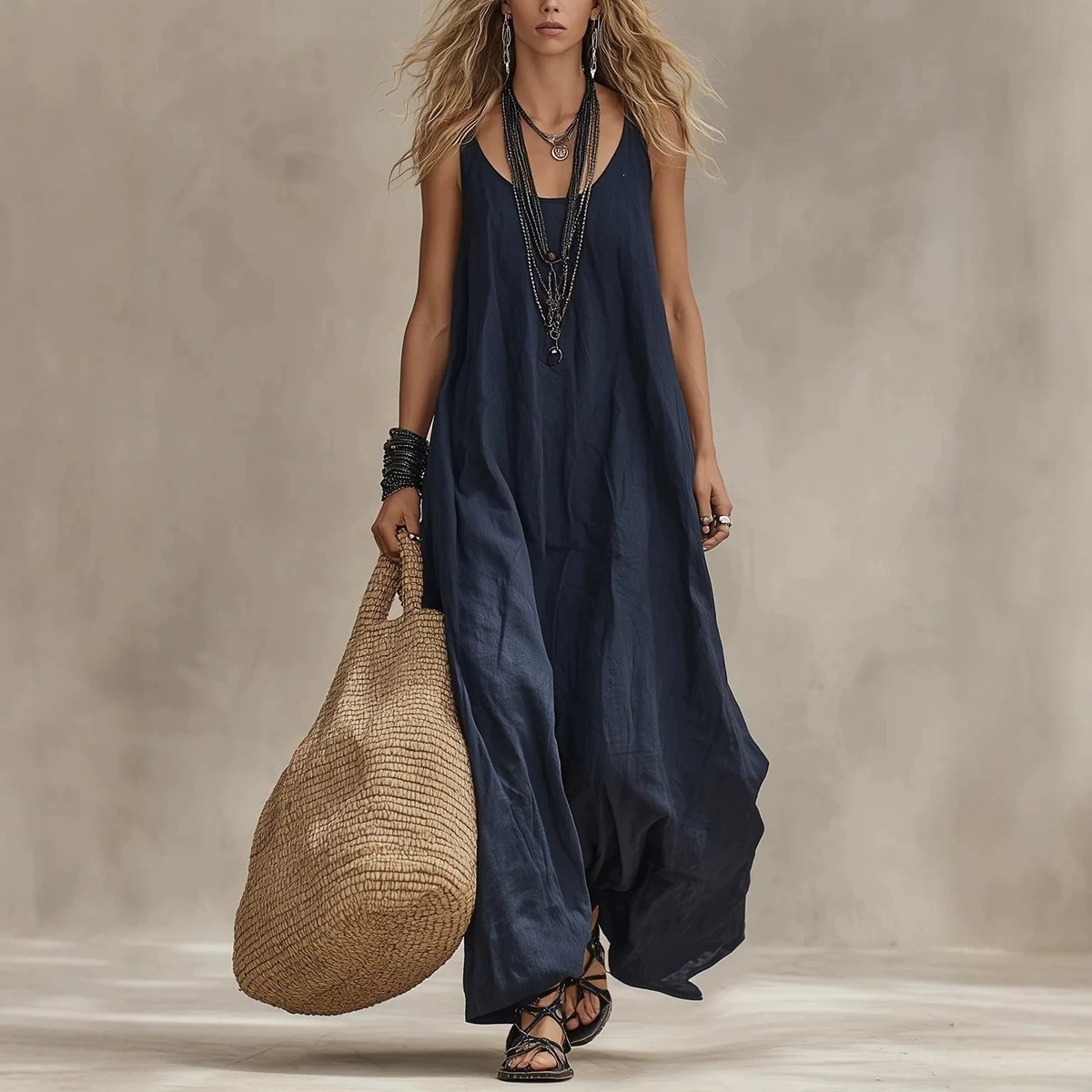 Women's Sleeveless Boho A-Line Maxi Dress Loose Fit