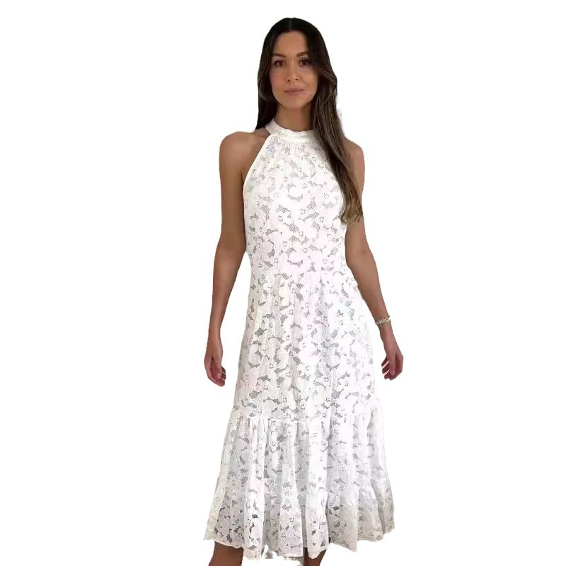 Halter Neck Sleeveless Lace Floral Bodycon Midi Dress