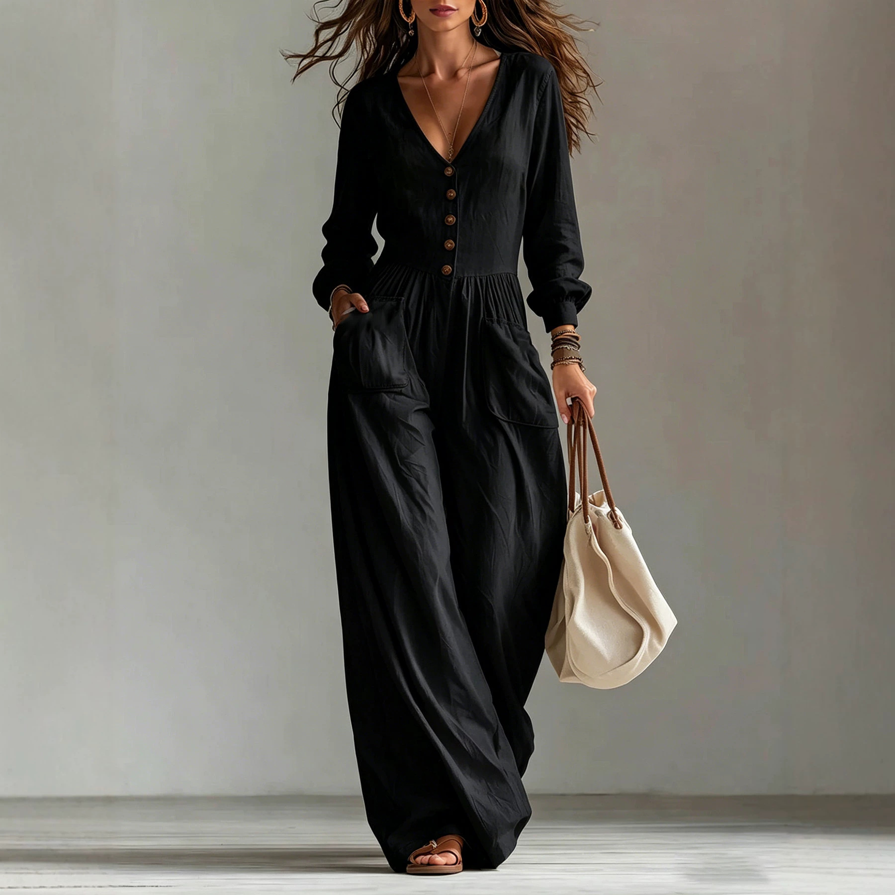 Women's V-Neck Long Sleeve Wide Leg Jumpsuit with Pockets Casual