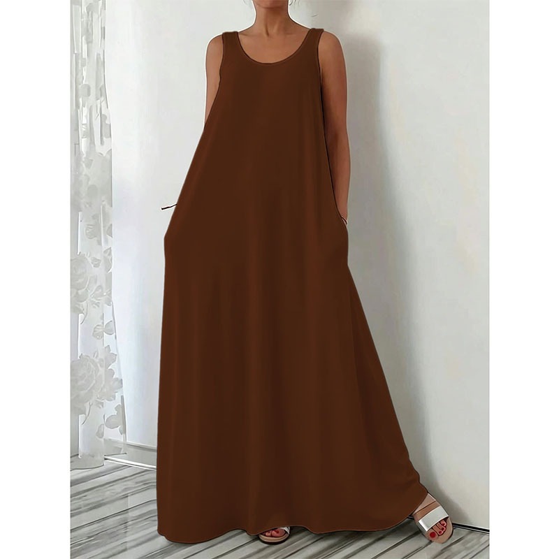 Women's Summer Sleeveless Solid Color Long Dress Casual Slim Fit