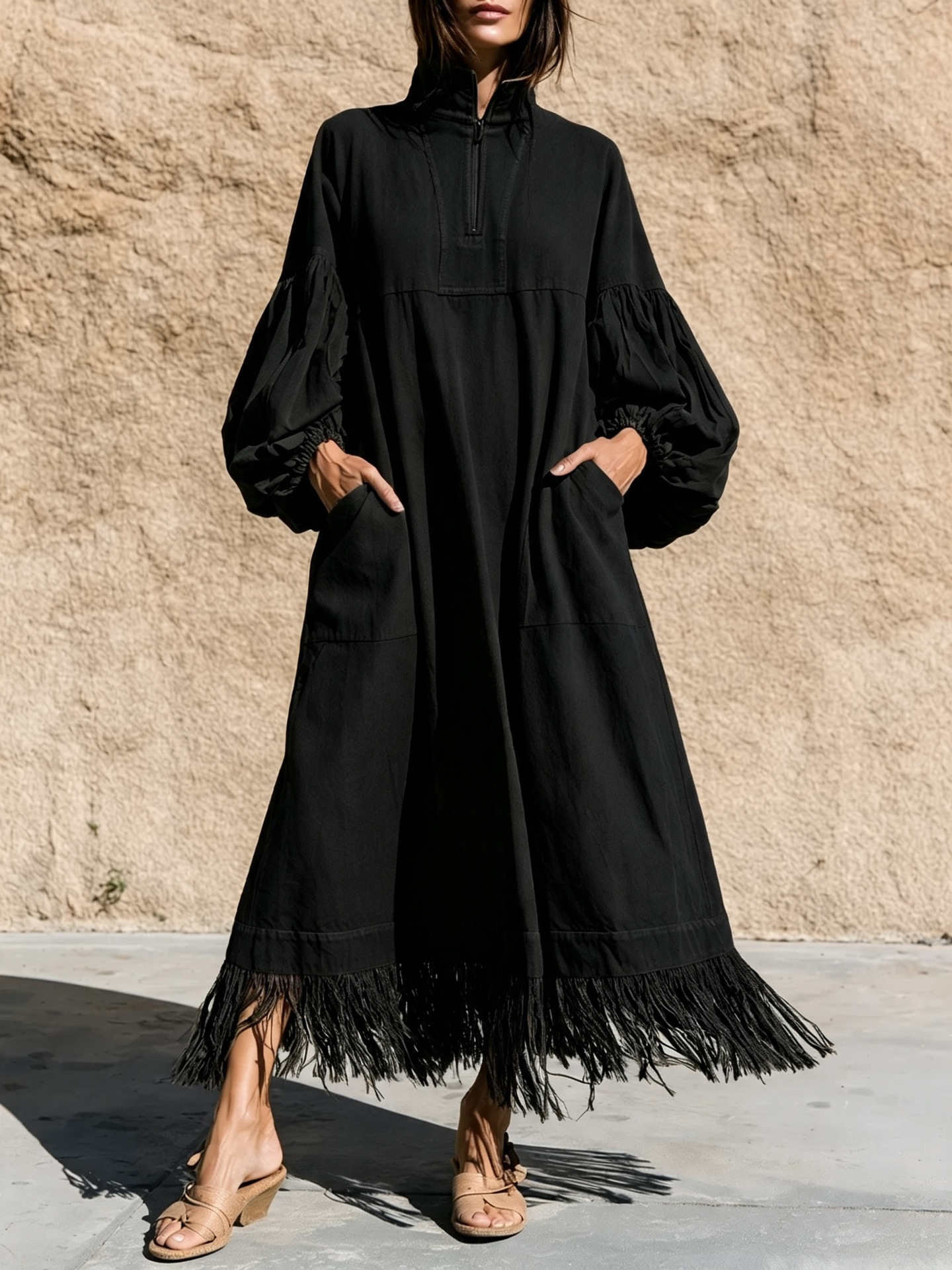 Women's Stand Collar Zip Lantern Sleeve Loose Dress with Fringe Hem