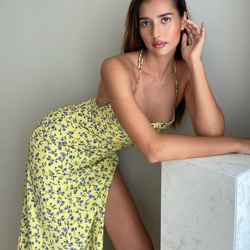 Floral Sleeveless Slit Backless Bodycon Dress