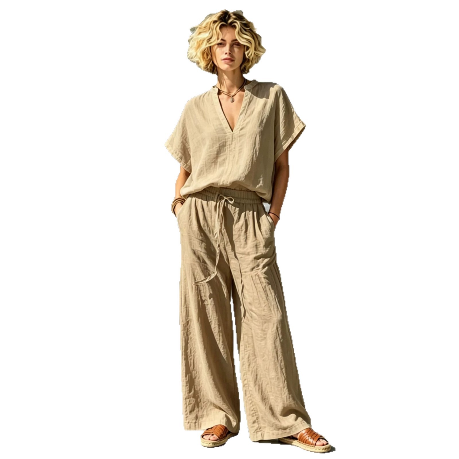 Women's Cotton-Linen V-Neck Short-Sleeve Shirt & Wide-Leg Pants Set