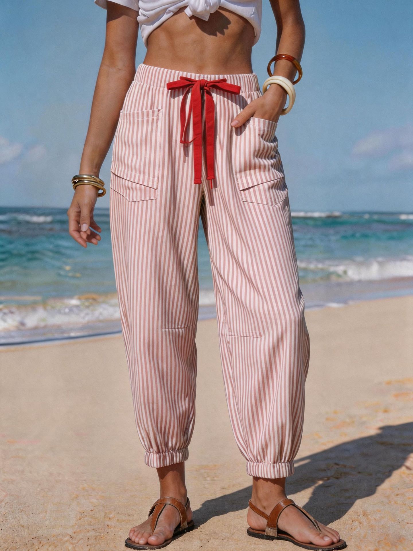 Women's Striped Linen-Like Cropped Pants with Drawstring and Pockets