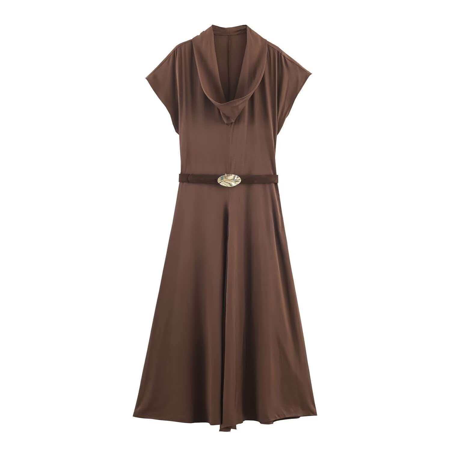 Women's Sleeveless Draped Neck Midi Dress with Belt