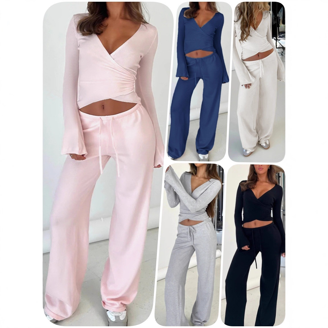 Women's Fleece-Lined Long-Sleeve Tie-Front Top & Drawstring Straight-Leg Pants Set