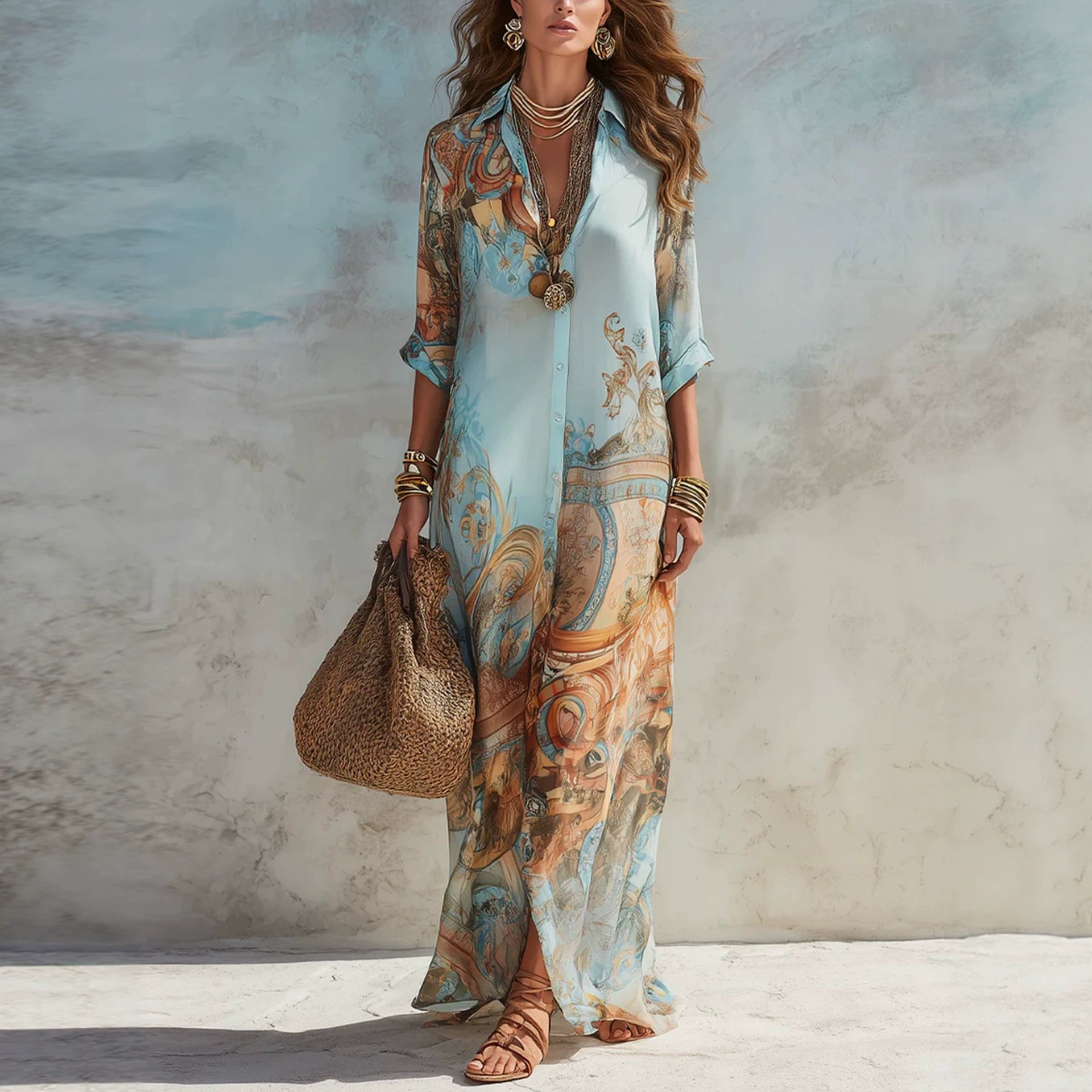 Floral Print Collared Midi Shirt Dress with Puff Sleeves
