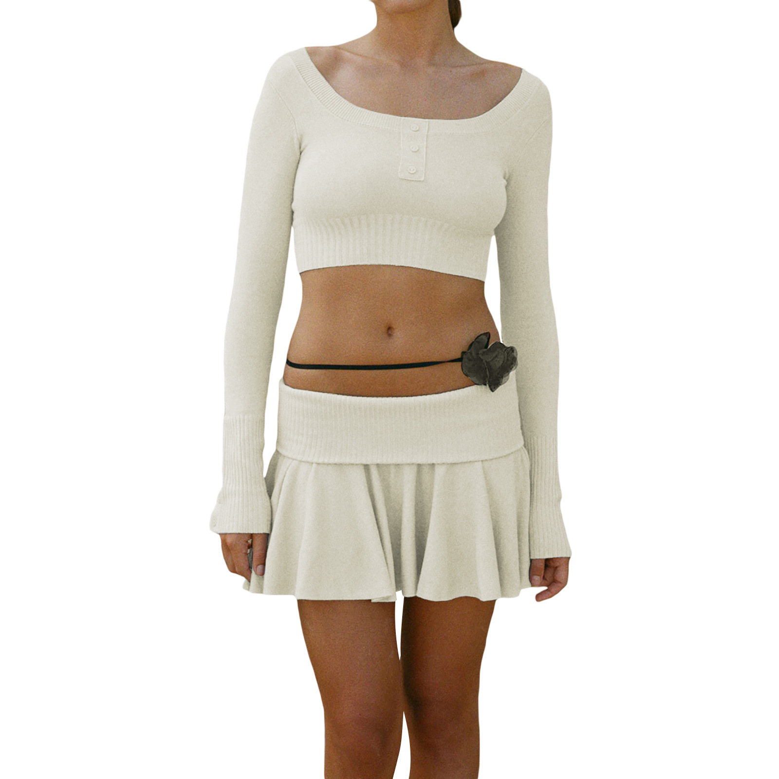 Women's Knit Sexy Crop Top Long Sleeve Mini Skirt Set
