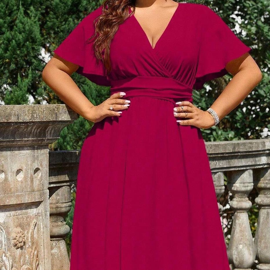 Solid V-Neck Bell Sleeve High Waist A-Line Midi Dress Plus Size