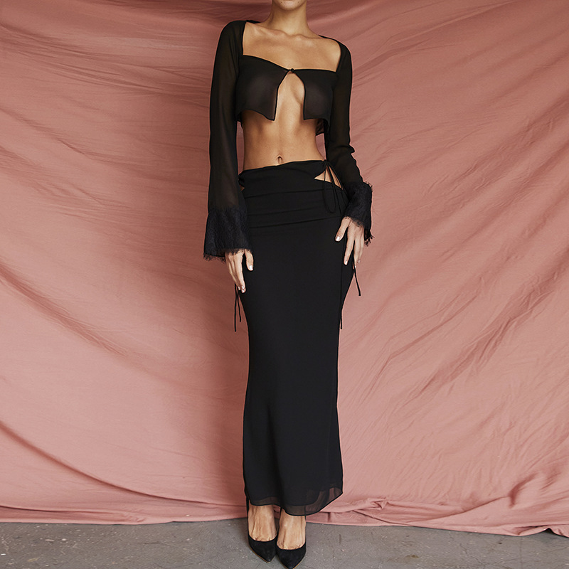 Women's Long Sleeve Openwork Lace-Up Top and Long Skirt Set