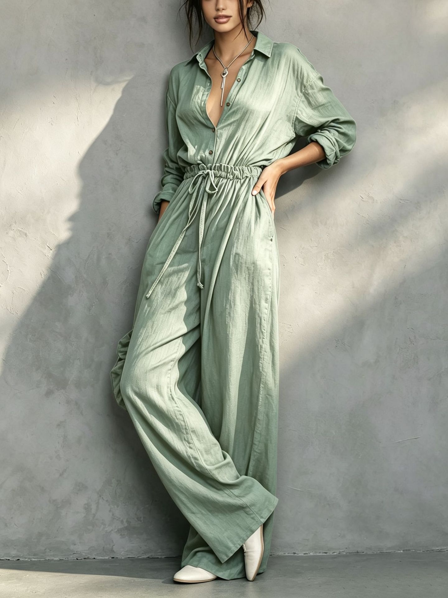 Minimalist Long-Sleeve Tie-Waist Two-Piece Set