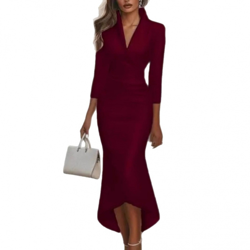 Elegant Solid V-Neck Long Sleeve Satin Asymmetric Dress