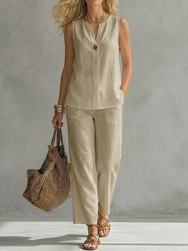 Women's Sleeveless V-Neck Top and Pants Set Casual Summer Outfit