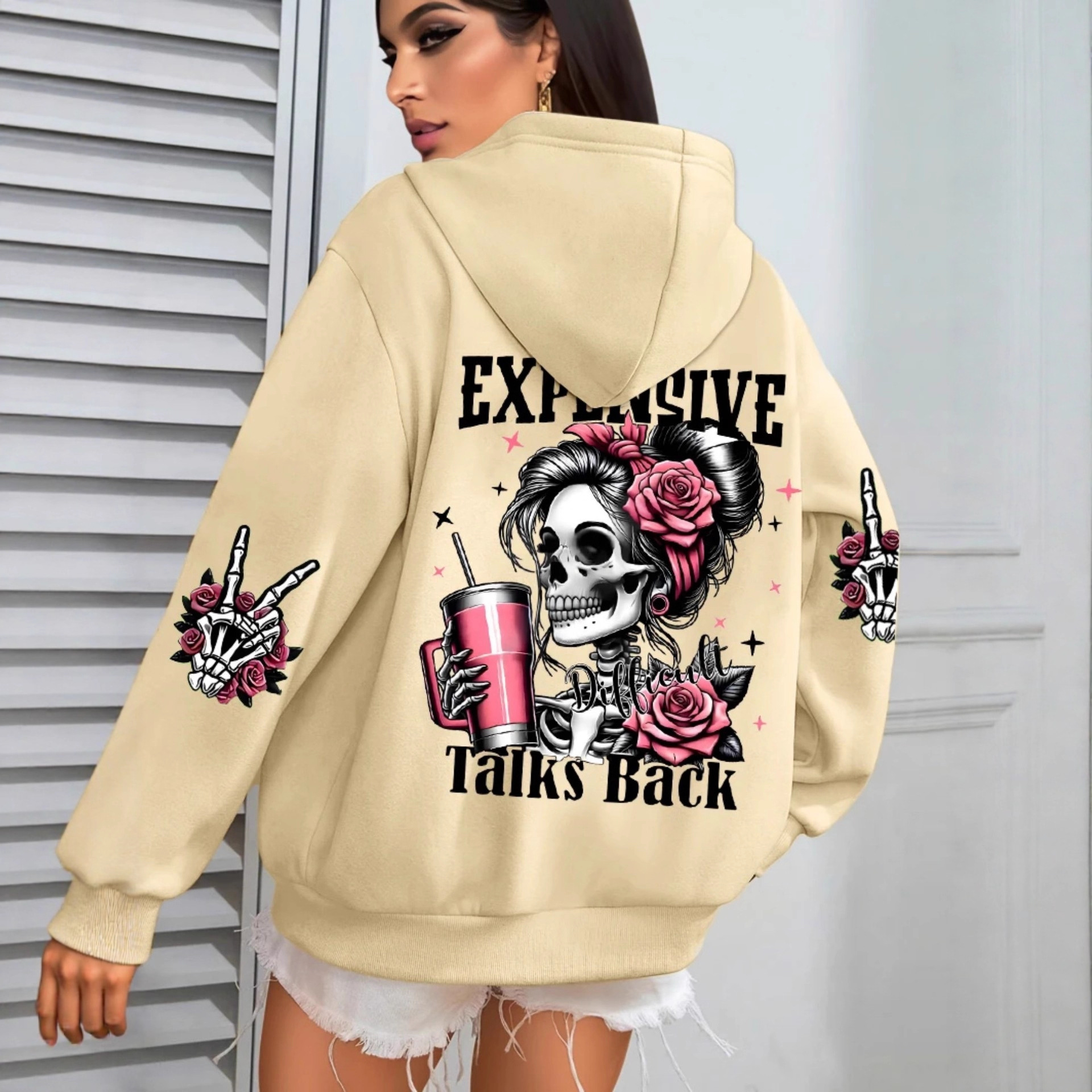 Women's Pink Skull Soda Print Hoodie