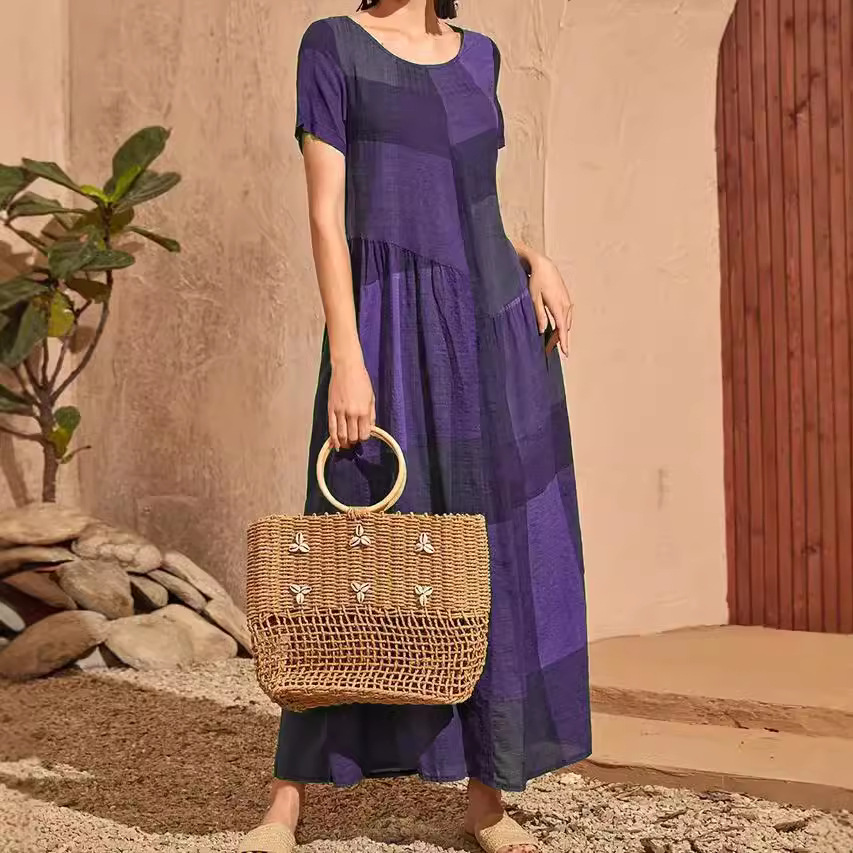 Retro Plaid Print Patchwork Loose Waist Long Dress