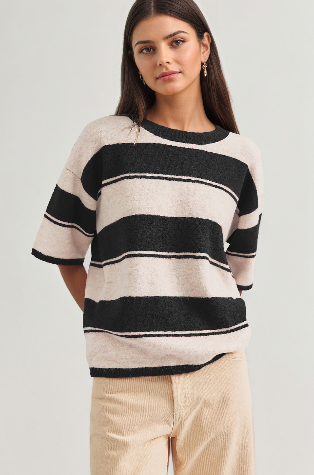 Striped Crewneck Knit Sweater Loose Fit Colorblock Pullover