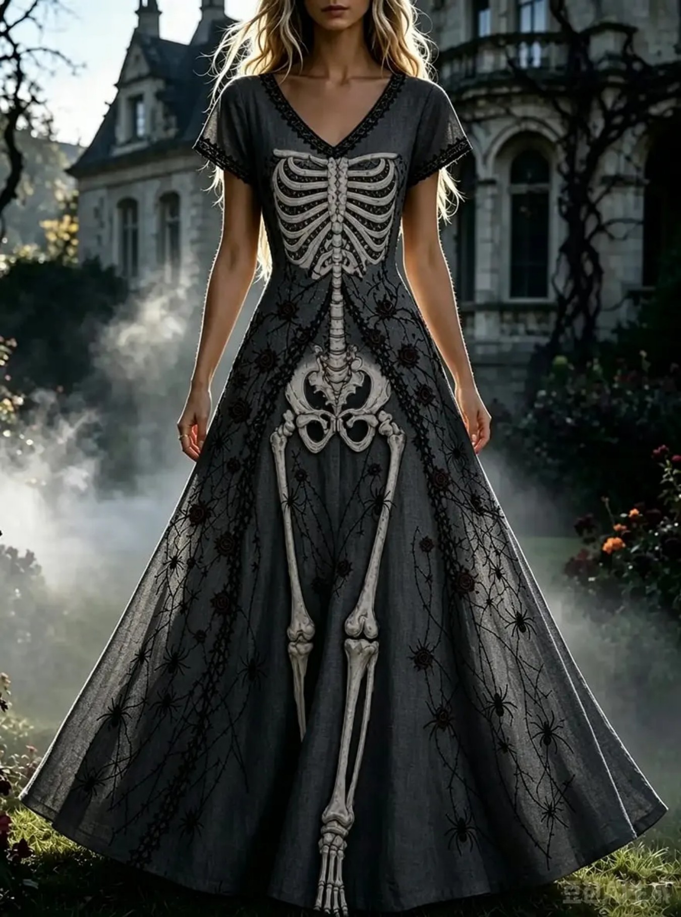Women's Floral Skeleton Halloween Print Casual Midi Dress