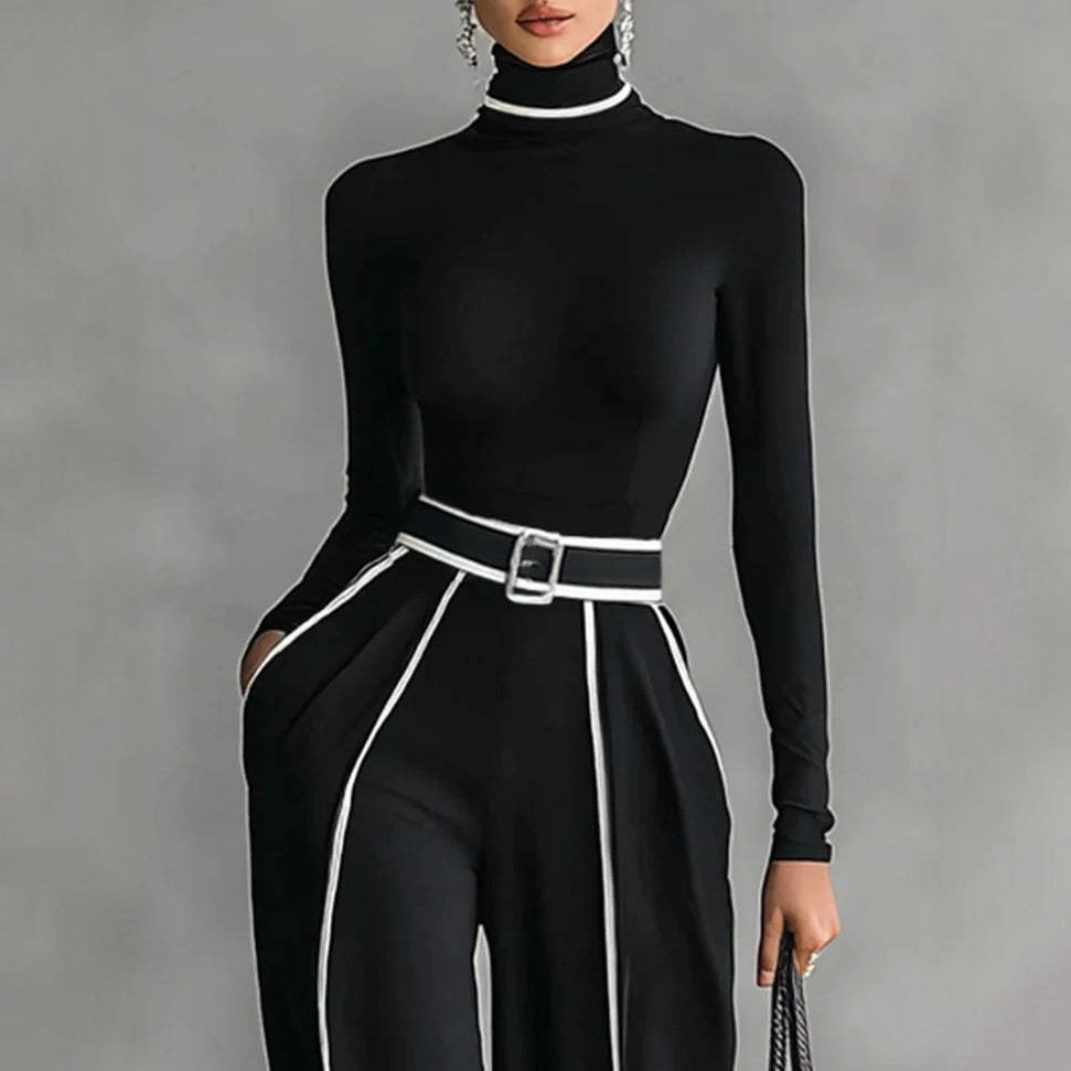 Elegant Color-Block Trim Knit Top and Wide-Leg Pants Two-Piece Set