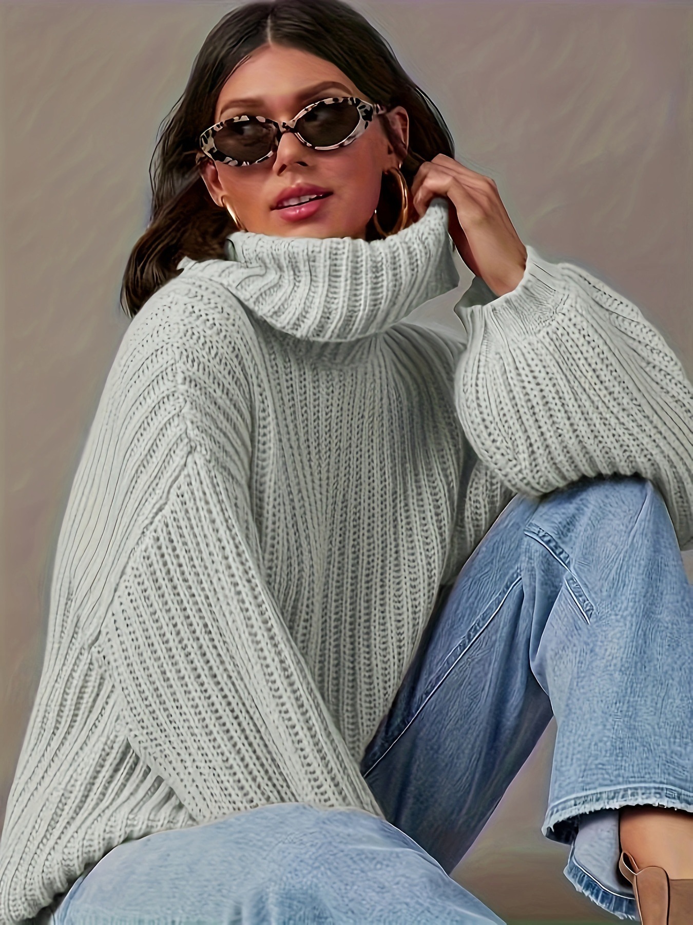 Women's Loose High Neck Wool Blend Pullover Sweater