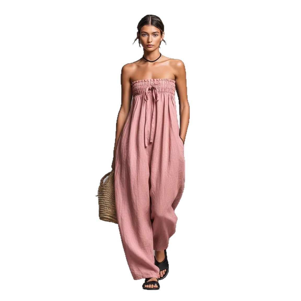 Women's Cotton-Linen Blend Strapless Tube Jumpsuit with Straight-Leg Pants
