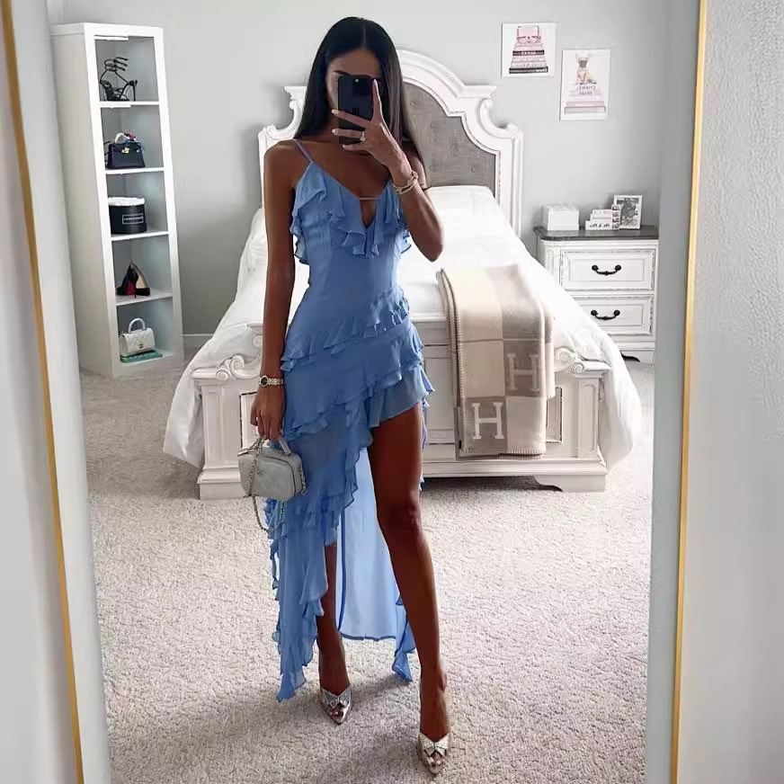 Women's Sleeveless Spaghetti Strap Asymmetrical Ruffle Hem Solid Dress
